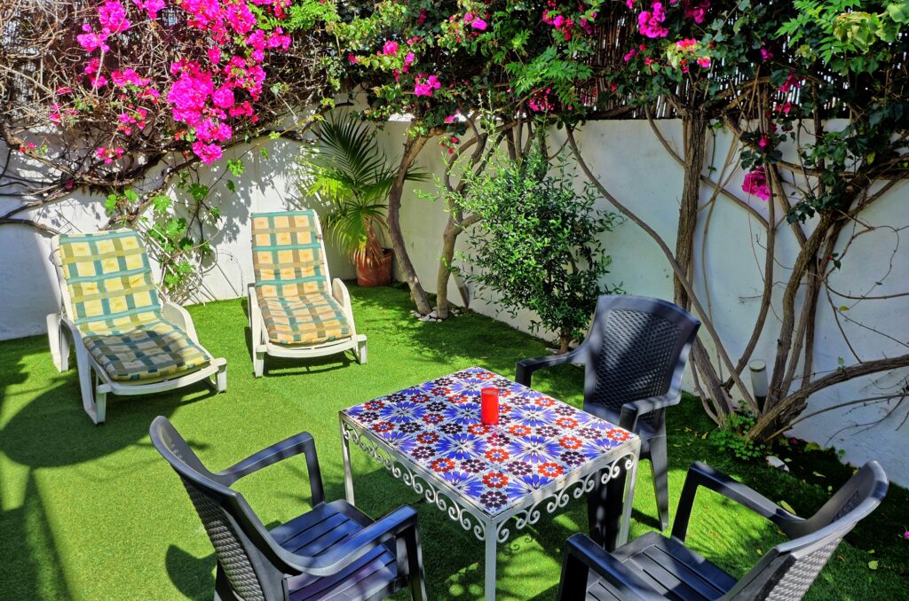 Back garden with sun loungers and table